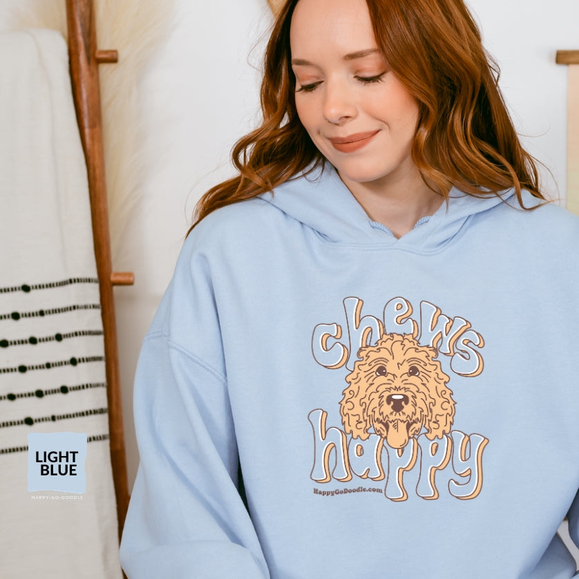 Goldendoodle hoodie with Goldendoodle face and words "Chews Happy" in light blue color