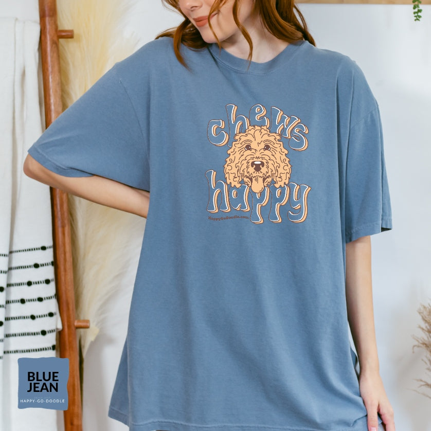 Goldendoodle comfort colors t-shirt with Goldendoodle face and words "Chews Happy" in blue jean color