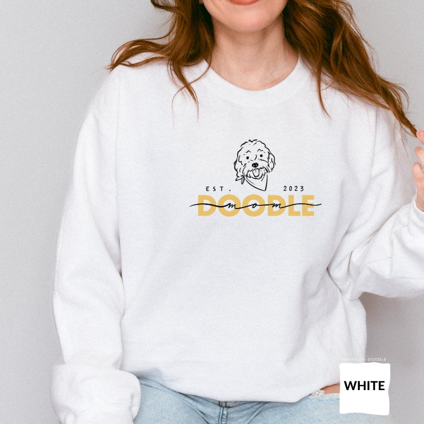 Goldendoodle Mom crew neck sweatshirt with Goldendoodle face and words "Doodle Mom Est 2023" in white color