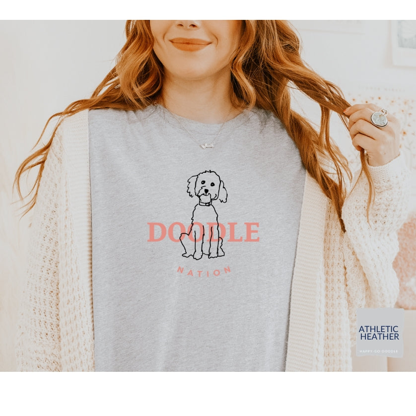 Goldendoodle t-shirt with Goldendoodle and words "Doodle Nation" in athletic heather color