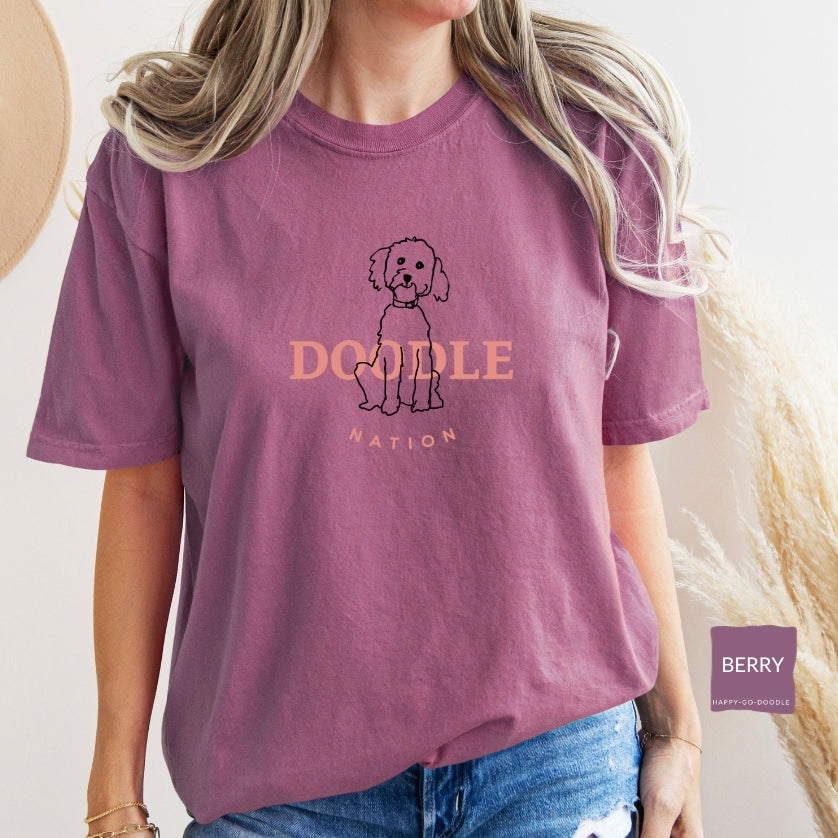 Goldendoodle comfort colors t-shirt with Goldendoodle and words "Doodle Nation" in berry color