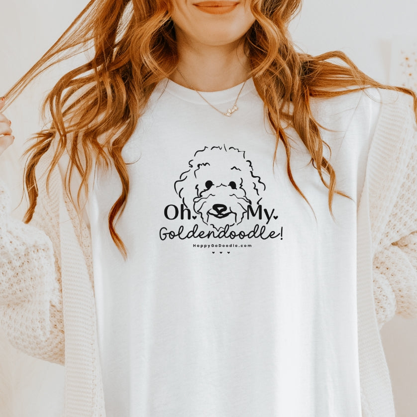 Goldendoodle t-shirt with Goldendoodle face and words "Oh My Goldendoodle" in white color
