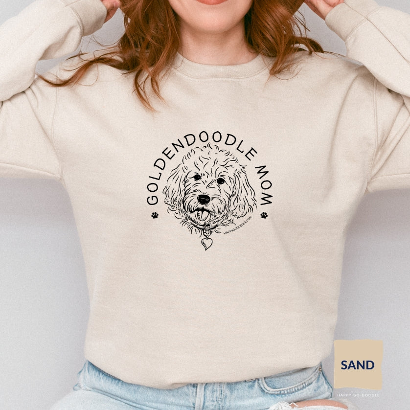 Goldendoodle crew neck sweatshirt with Goldendoodle face and words "Goldendoodle Mom" in sand color