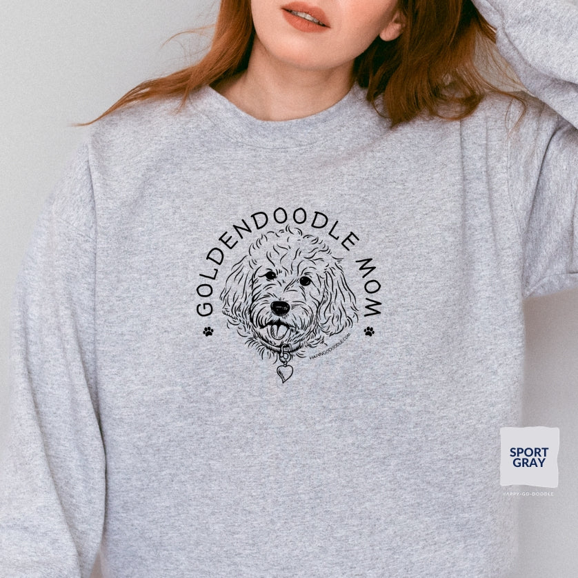 Goldendoodle crew neck sweatshirt with Goldendoodle face and words "Goldendoodle Mom" in sport gray color