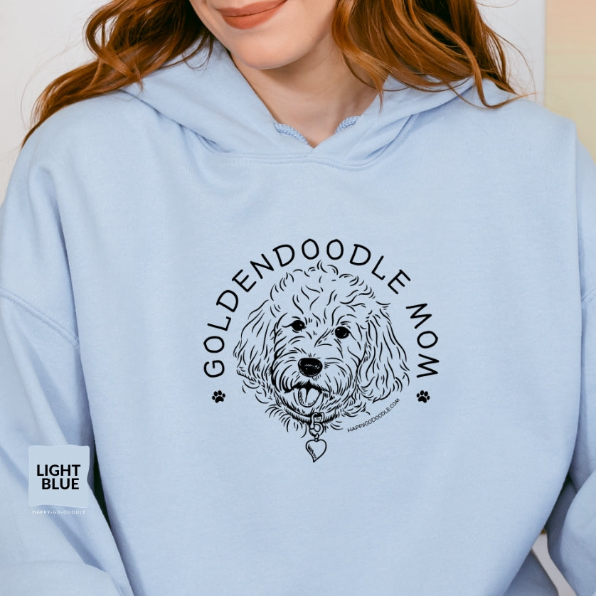 Goldendoodle hoodie with Goldendoodle face and words "Goldendoodle Mom" in light blue color