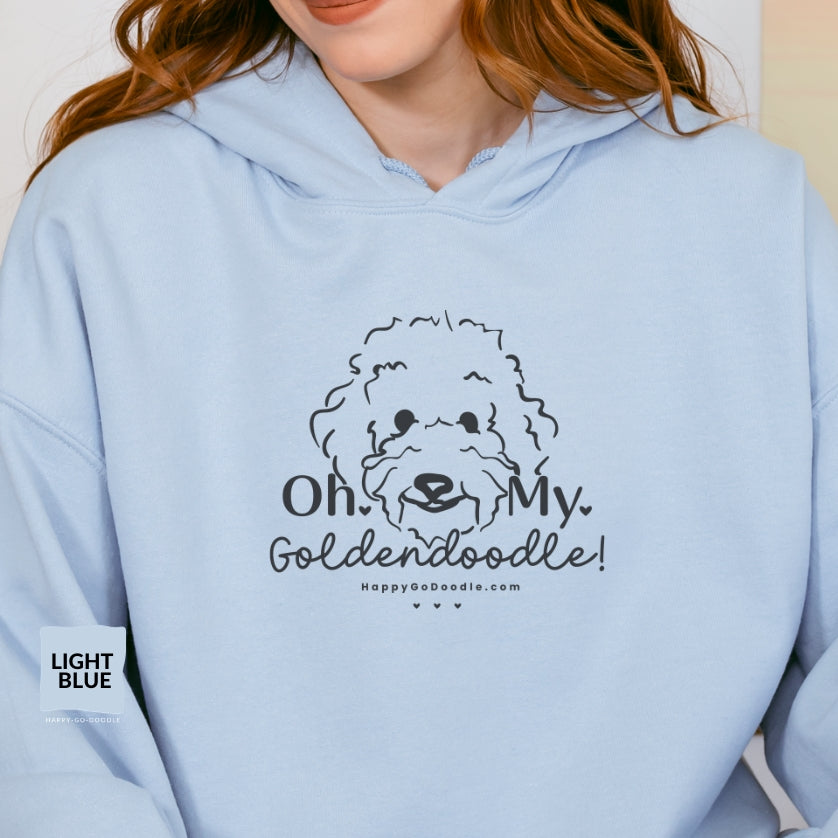 Goldendoodle hoodie with Goldendoodle face and words "Oh My Goldendoodle" in light blue color