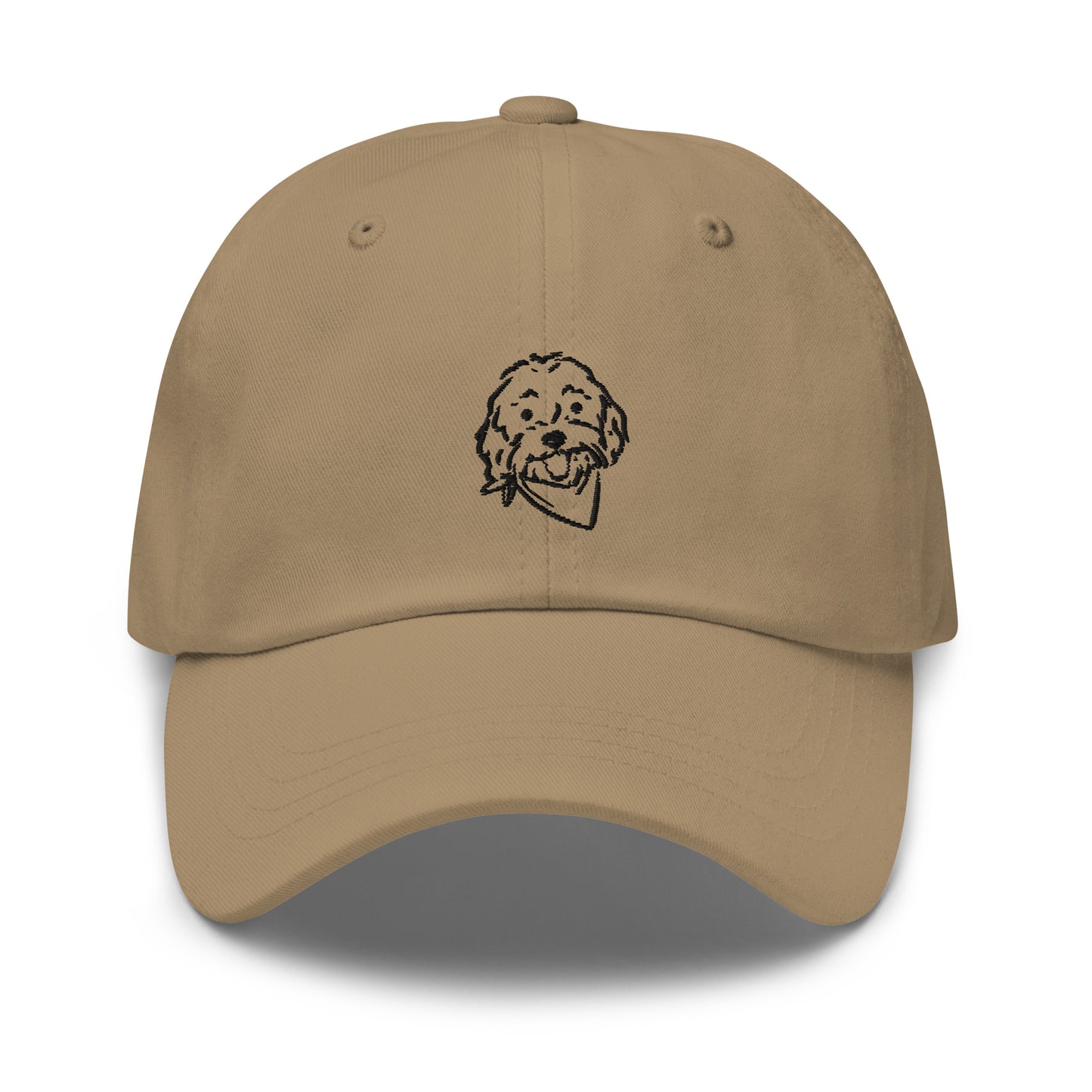 Front view Doodle dog hat with embroidered Doodle dog's happy face on the front of the unstructured, 6-panel, low-profile baseball style cap in khaki color with black embroidery