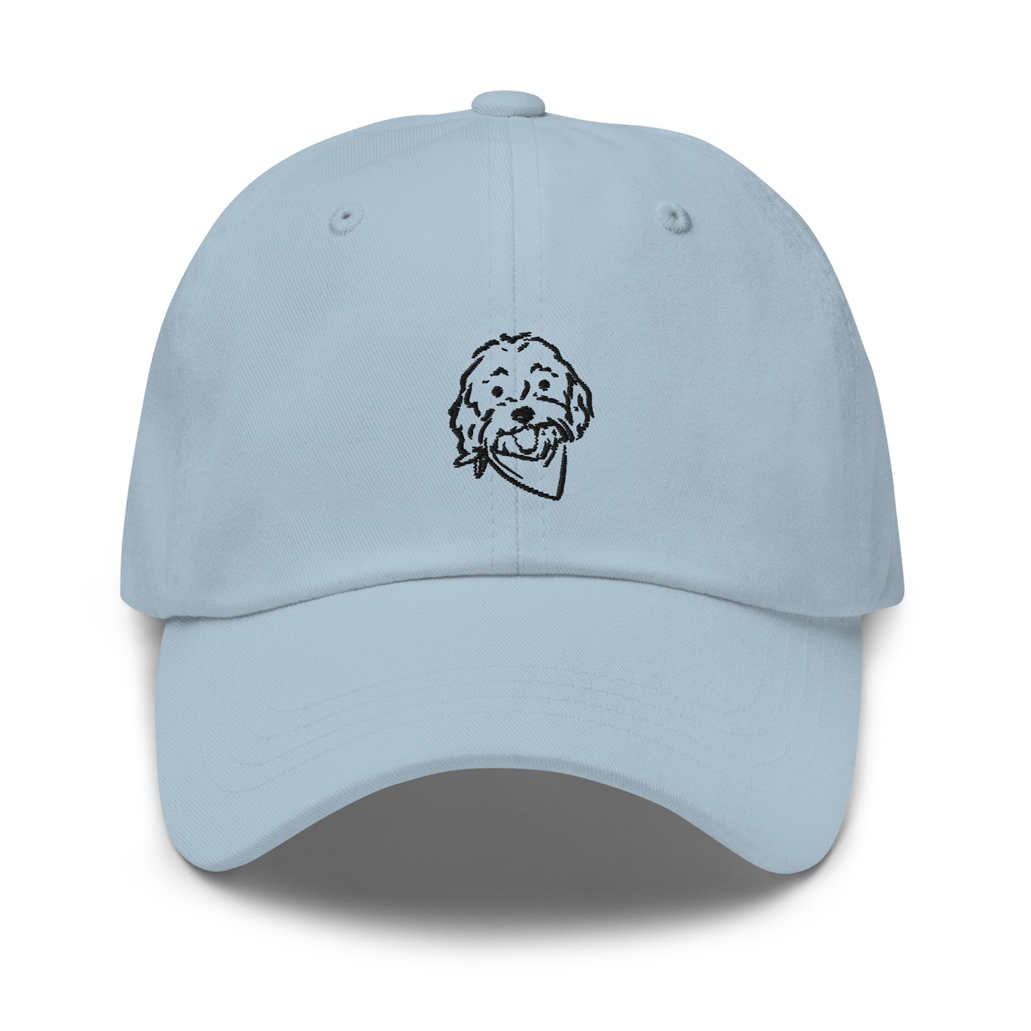 Front view Doodle dog hat with embroidered Doodle dog's happy face on the front of the unstructured, 6-panel, low-profile light-blue cap