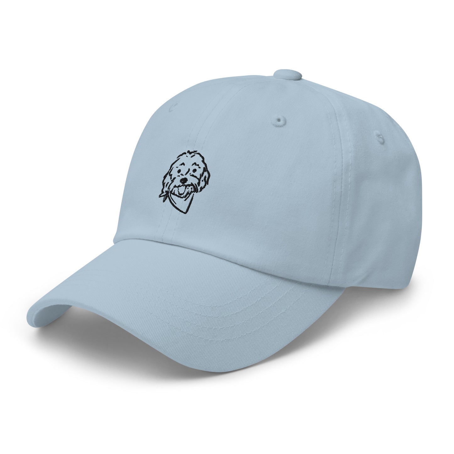 Three-quarter view of a Doodle dog hat with embroidered Doodle dog's happy face on the front of the unstructured, 6-panel, low-profile cap in light blue