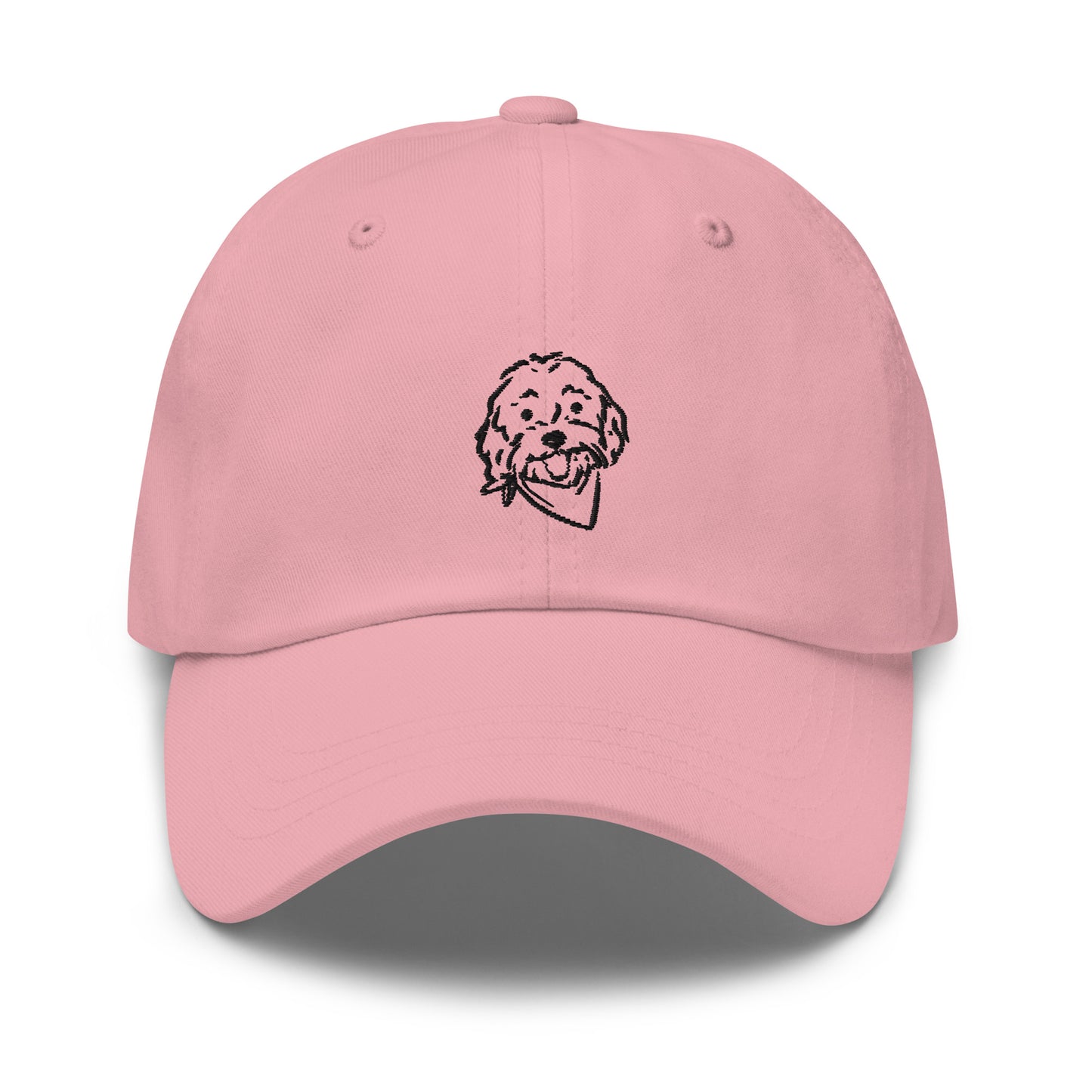 Front view of Goldendoodle dog hat with embroidered Goldendoodle dog's face on the front of the unstructured, 6-panel, low-profile baseball style cap in pink color with black embroidery