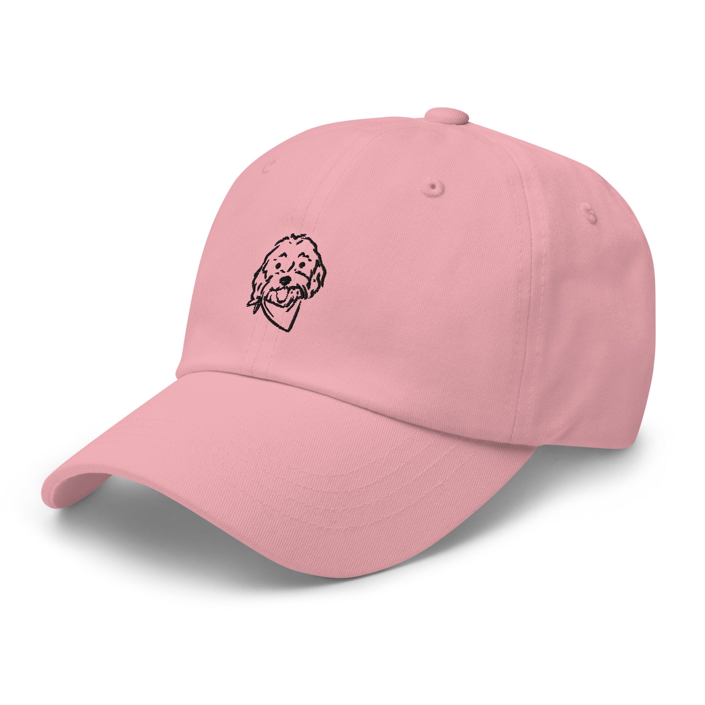 Three-quarter view of Goldendoodle dog mom hat with embroidered Goldendoodle dog's face on the front of the unstructured, 6-panel, low-profile baseball style cap in pink color with black embroidery of the Doodle dog's face