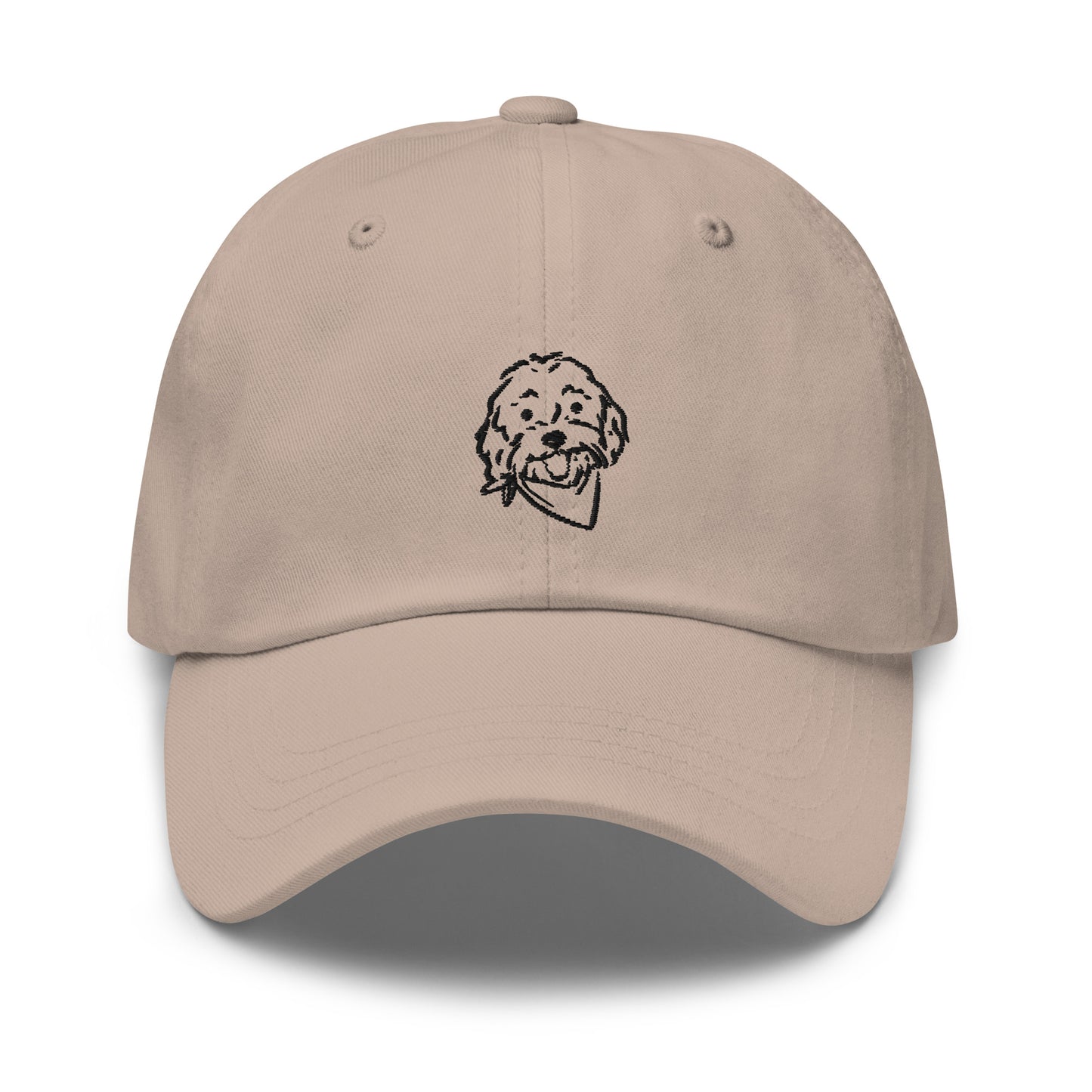 Front view Goldendoodle hat with embroidered Doodle dog's happy face on the front of the unstructured, 6-panel, low-profile ball cap in stone color with black embroidery