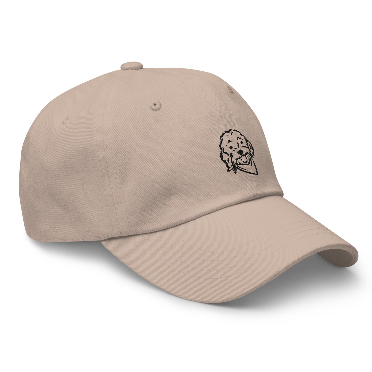 Side view of Golden Doodle hat with embroidered Goldendoodle dog's happy face on the front of the unstructured, 6-panel, low-profile cap in stone color with black embroidery