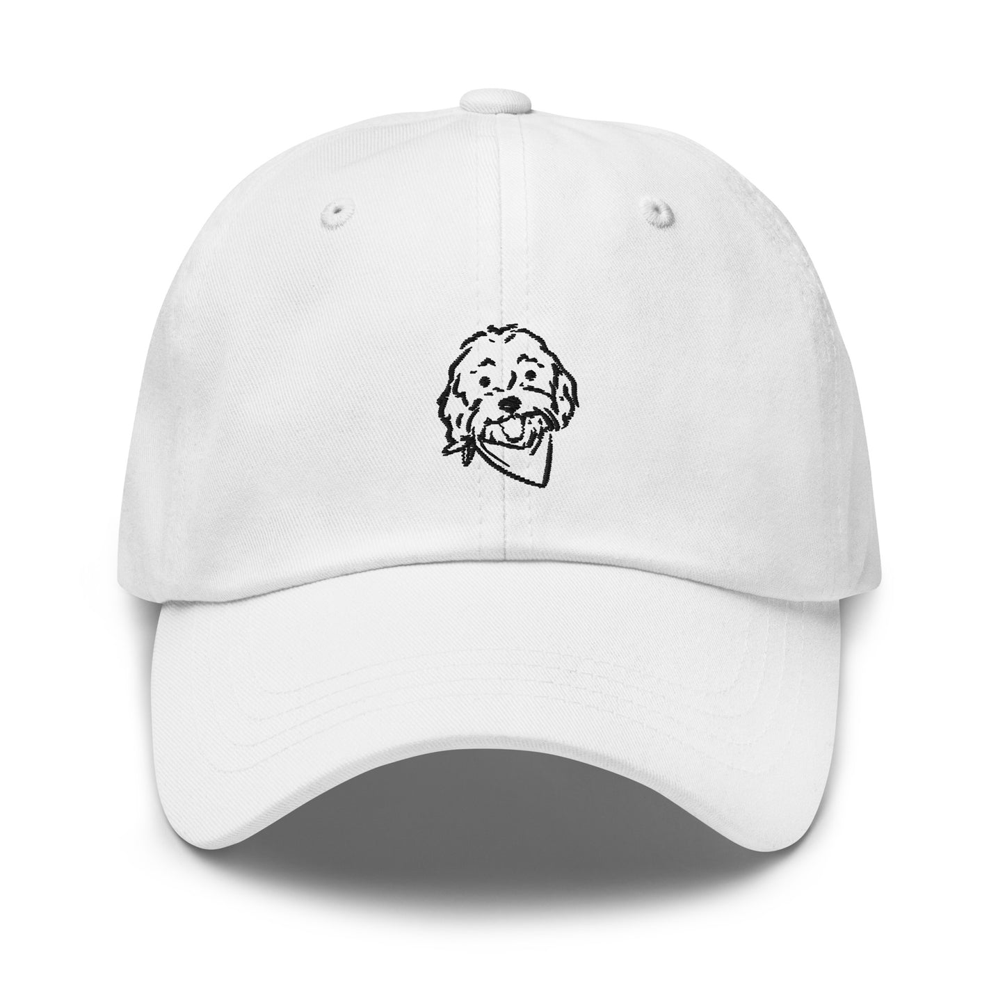 Front view of Goldendoodle dog hat with embroidered Goldendoodle dog's face on the front of the unstructured, 6-panel, low-profile baseball style cap in white color with black embroidery of Doodle's dog's happy face