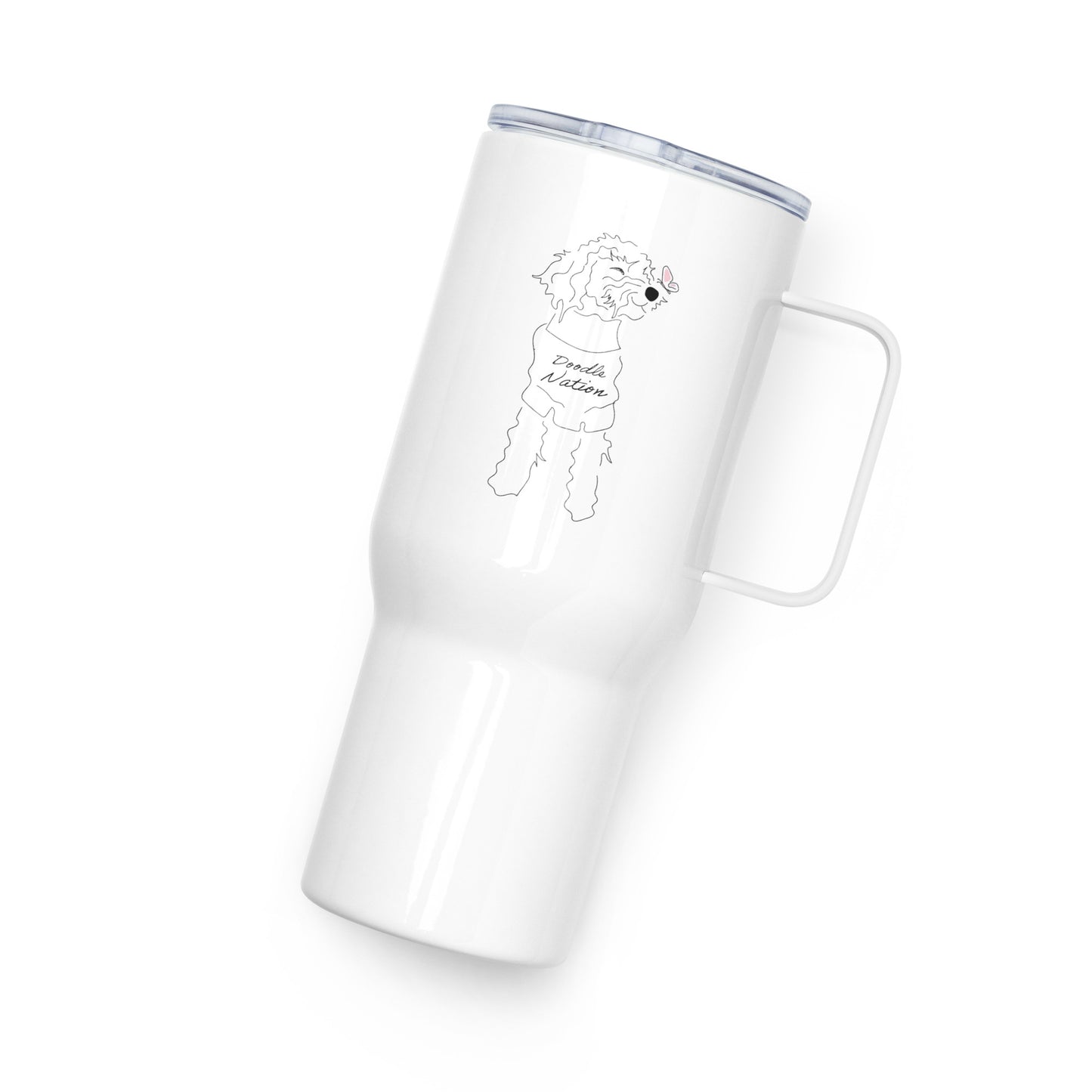White travel tumbler with goldendoodle dog and saying "Doodle Nation"