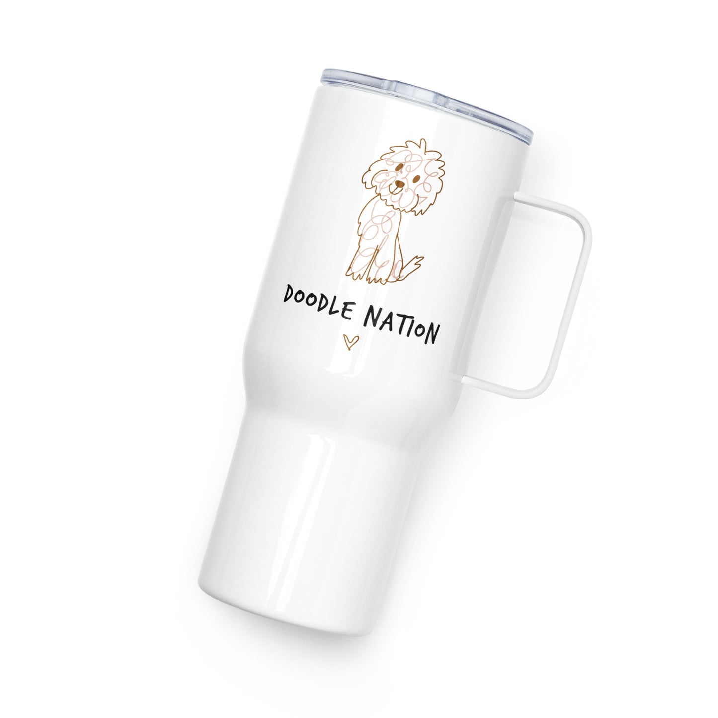 White Stainless steel travel tumbler with hand drawn Goldendoodle dog and the saying "Doodle Nation"