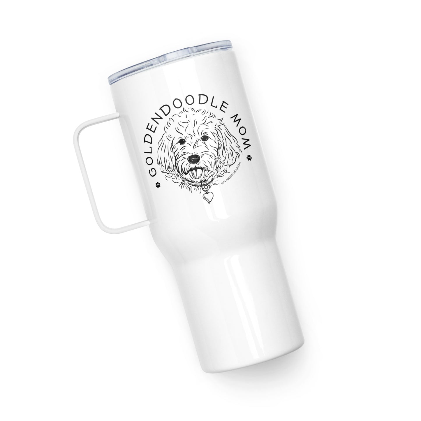 White travel tumbler with goldendoodle dog and saying "Goldendoodle Mom"