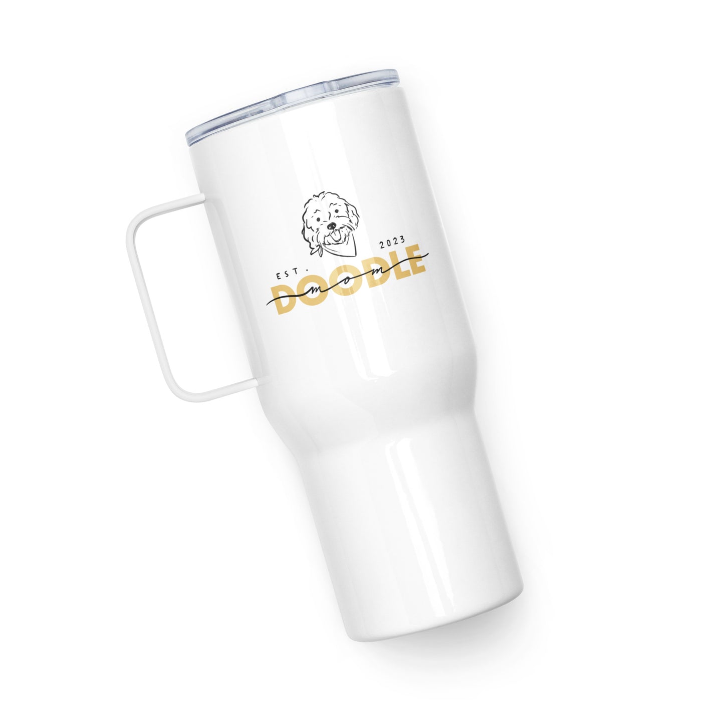 White travel tumbler with goldendoodle dog and saying "Doodle Mom Est. 2023"