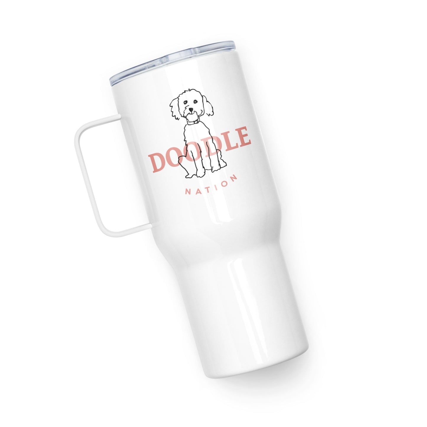 White travel tumbler with goldendoodle dog and saying "Doodle Nation"