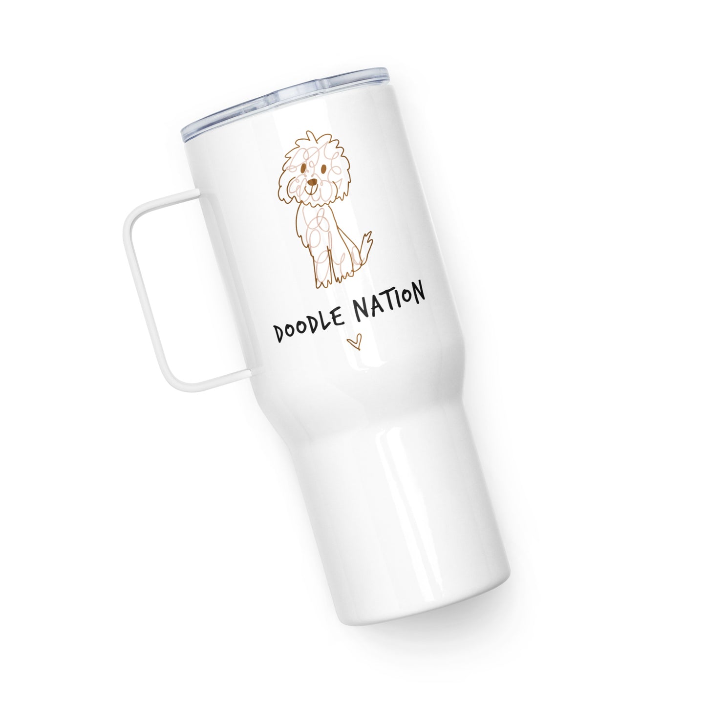 White Stainless steel travel tumbler with hand drawn Goldendoodle dog and the saying "Doodle Nation"