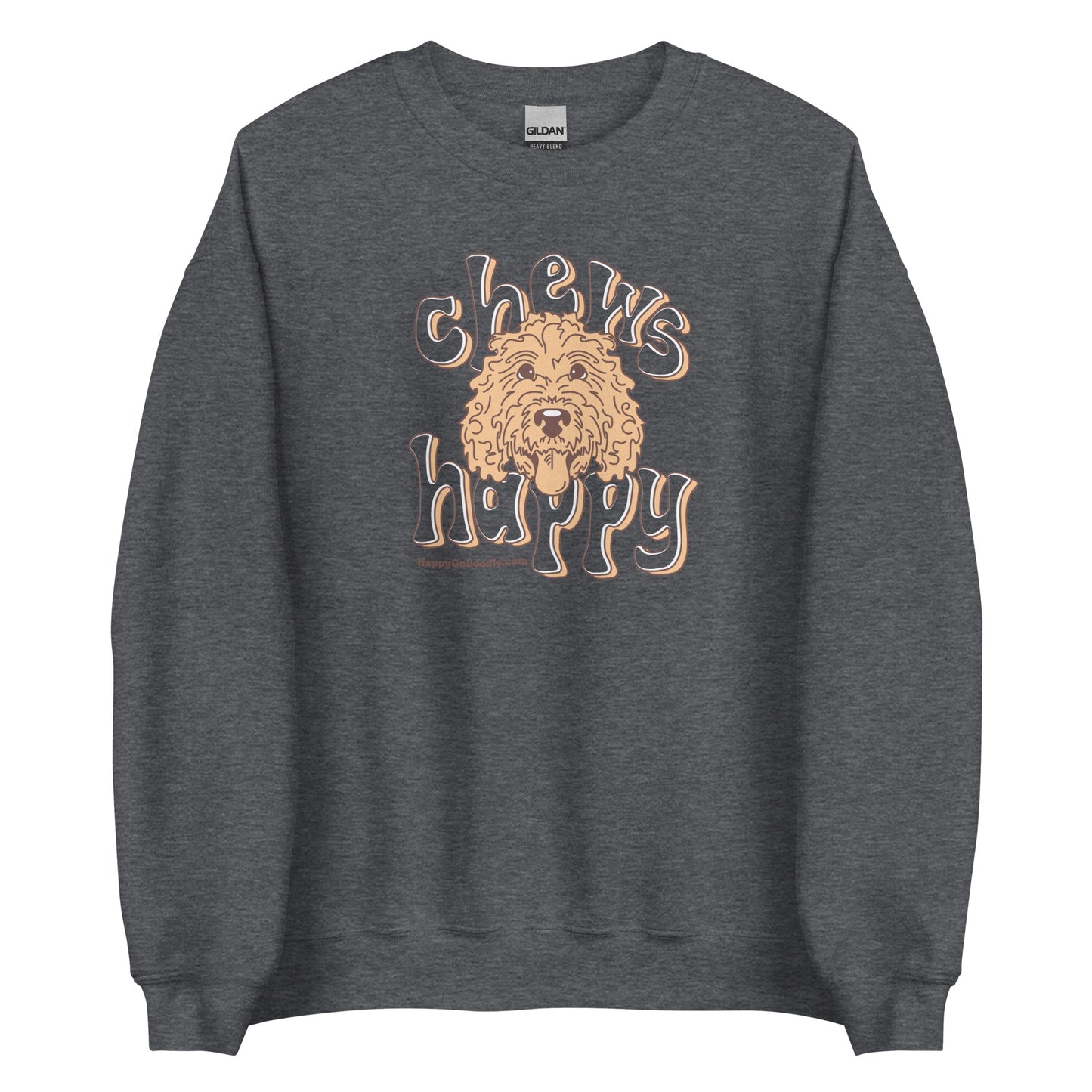 Goldendoodle crew neck sweatshirt with Goldendoodle face and words "Chews Happy" in dark heather color