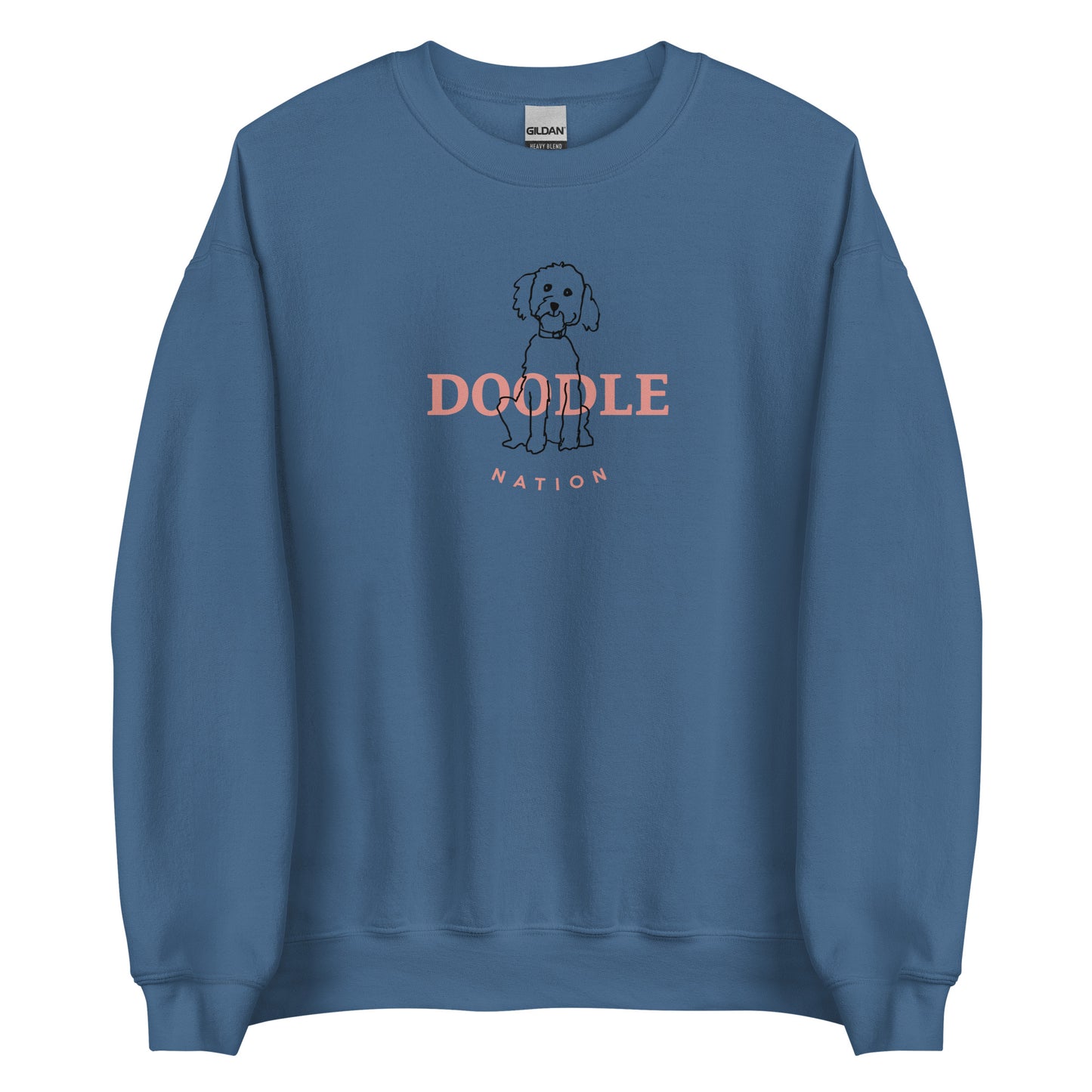 Goldendoodle crew neck sweatshirt with Goldendoodle and words "Doodle Nation" in indigo blue color
