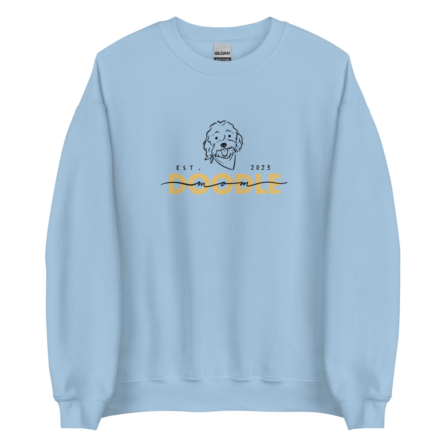 Goldendoodle Mom crew neck sweatshirt with Goldendoodle face and words "Doodle Mom Est 2023" in light blue color