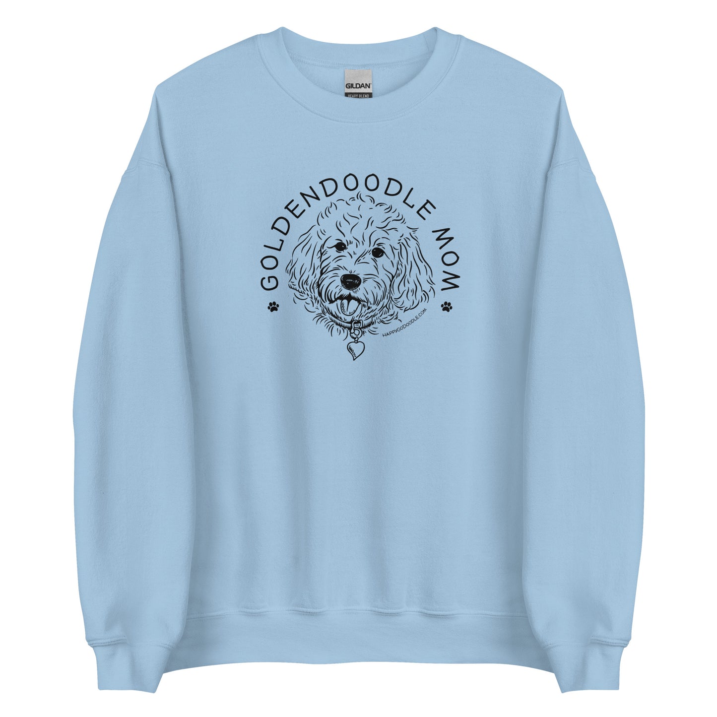 Goldendoodle crew neck sweatshirt with Goldendoodle face and words "Goldendoodle Mom" in light blue color