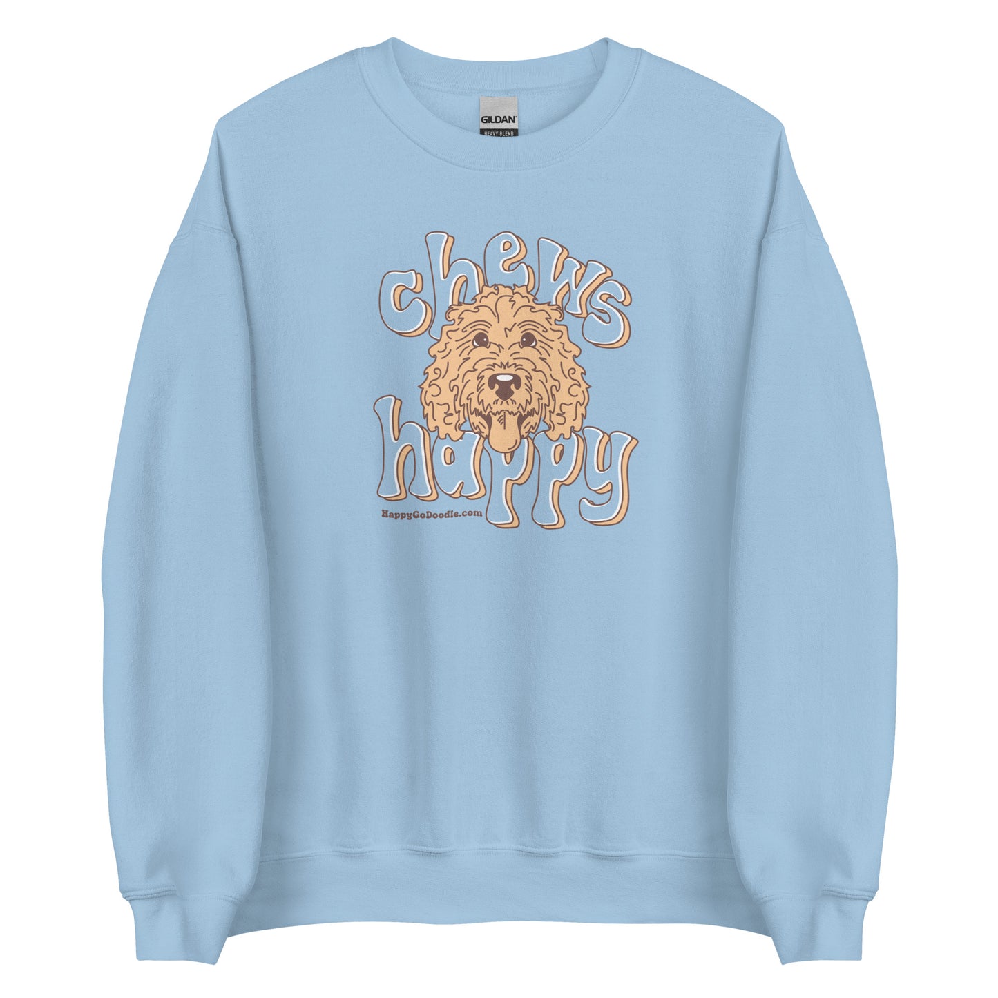 Goldendoodle crew neck sweatshirt with Goldendoodle face and words "Chews Happy" in light blue color
