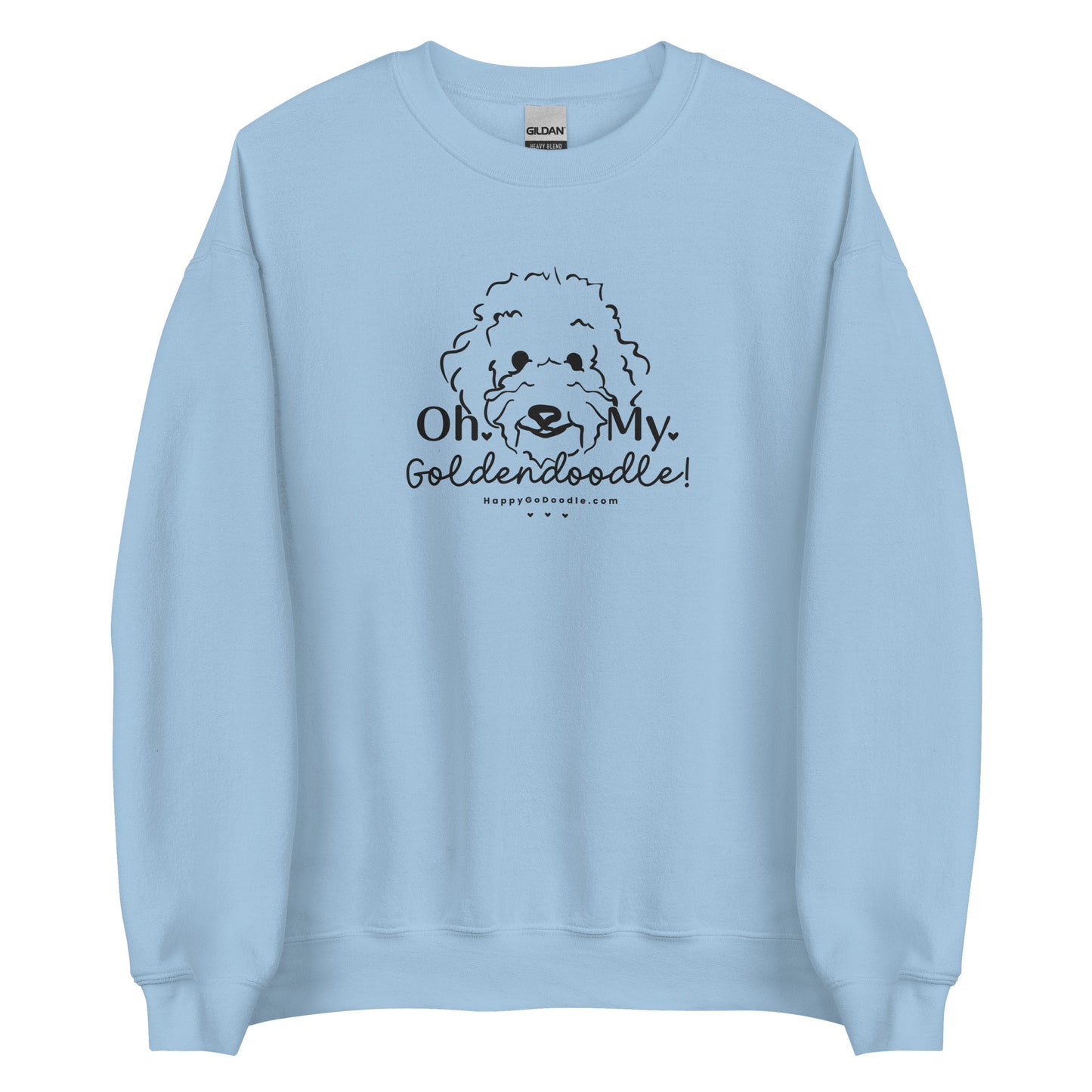 Goldendoodle crew neck sweatshirt with Goldendoodle face and words "Oh My Goldendoodle" in light blue color