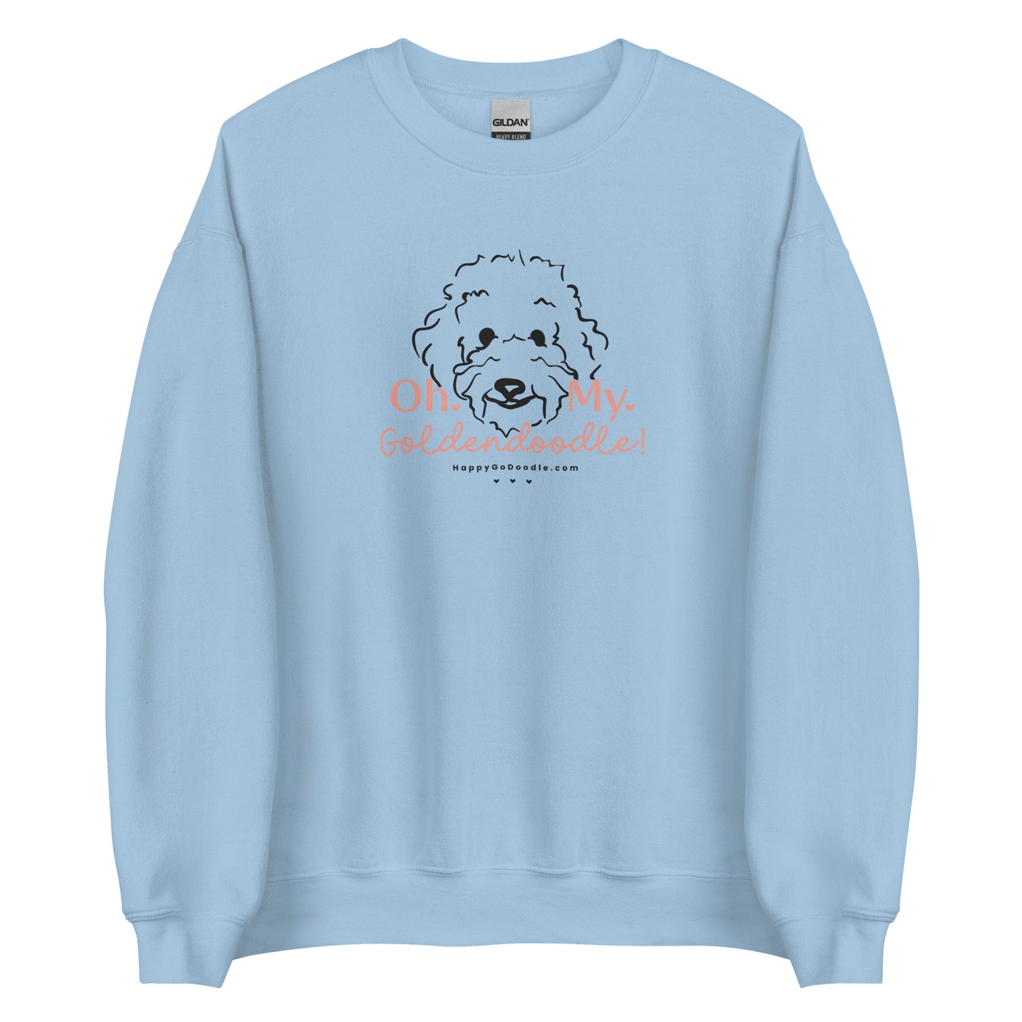 Goldendoodle crew neck sweatshirt with Goldendoodle face and words "Oh My Goldendoodle" in light blue