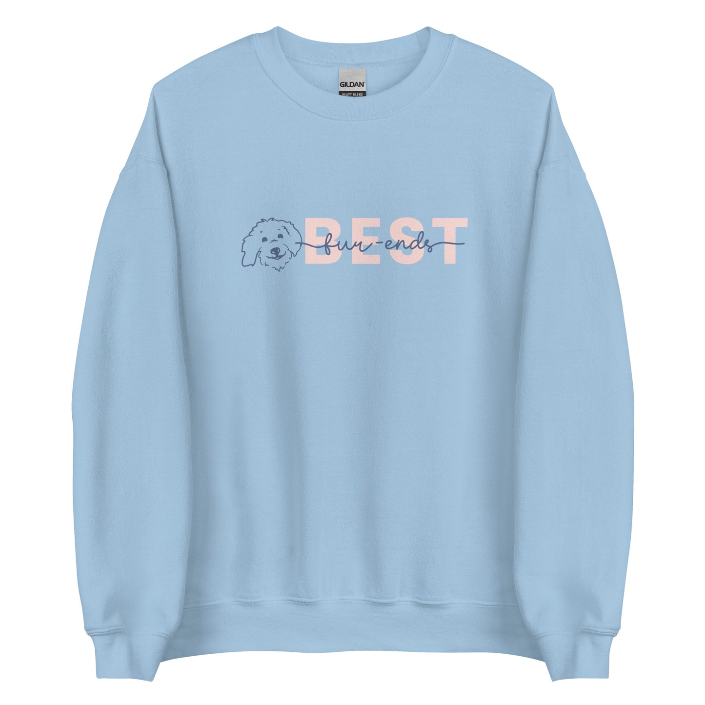 Goldendoodle crew neck sweatshirt with Goldendoodle face and words "Best fur-Ends" in light blue color
