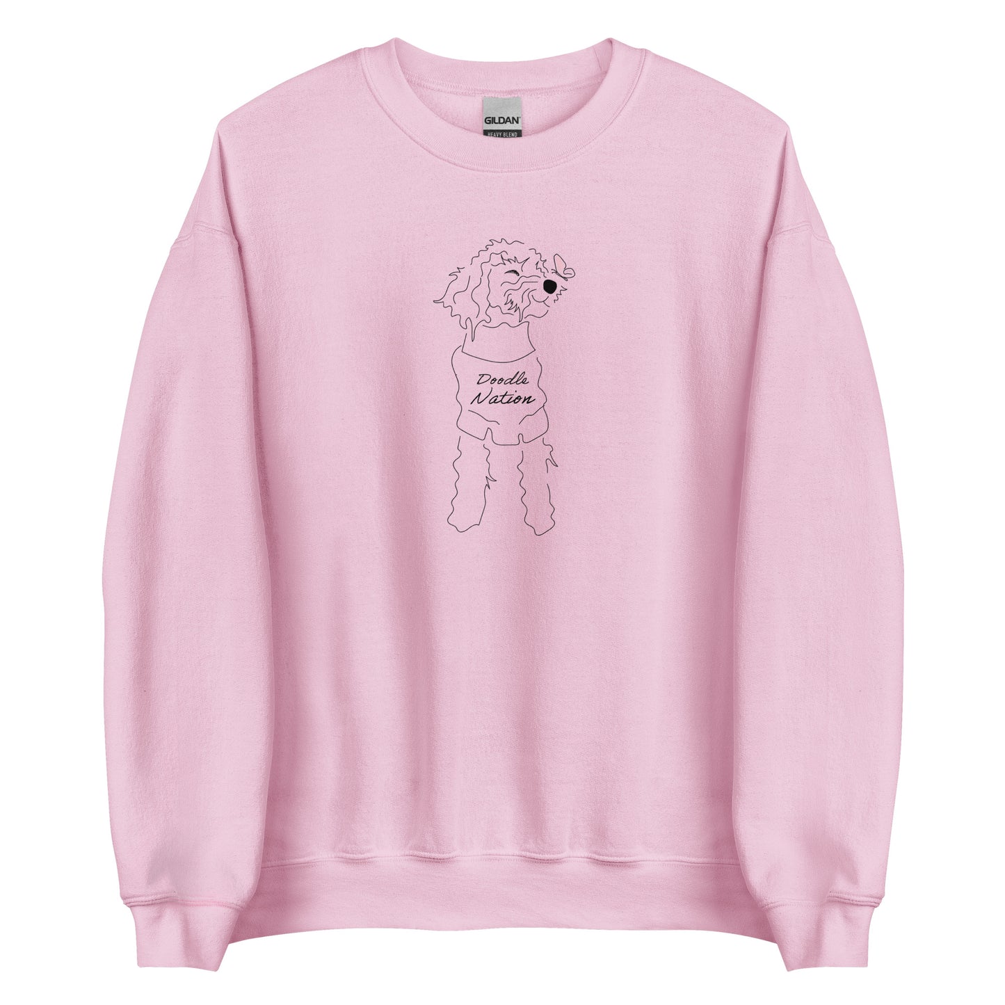 Goldendoodle crew neck sweatshirt with Goldendoodle dog face and words "Doodle Nation" in light pink color