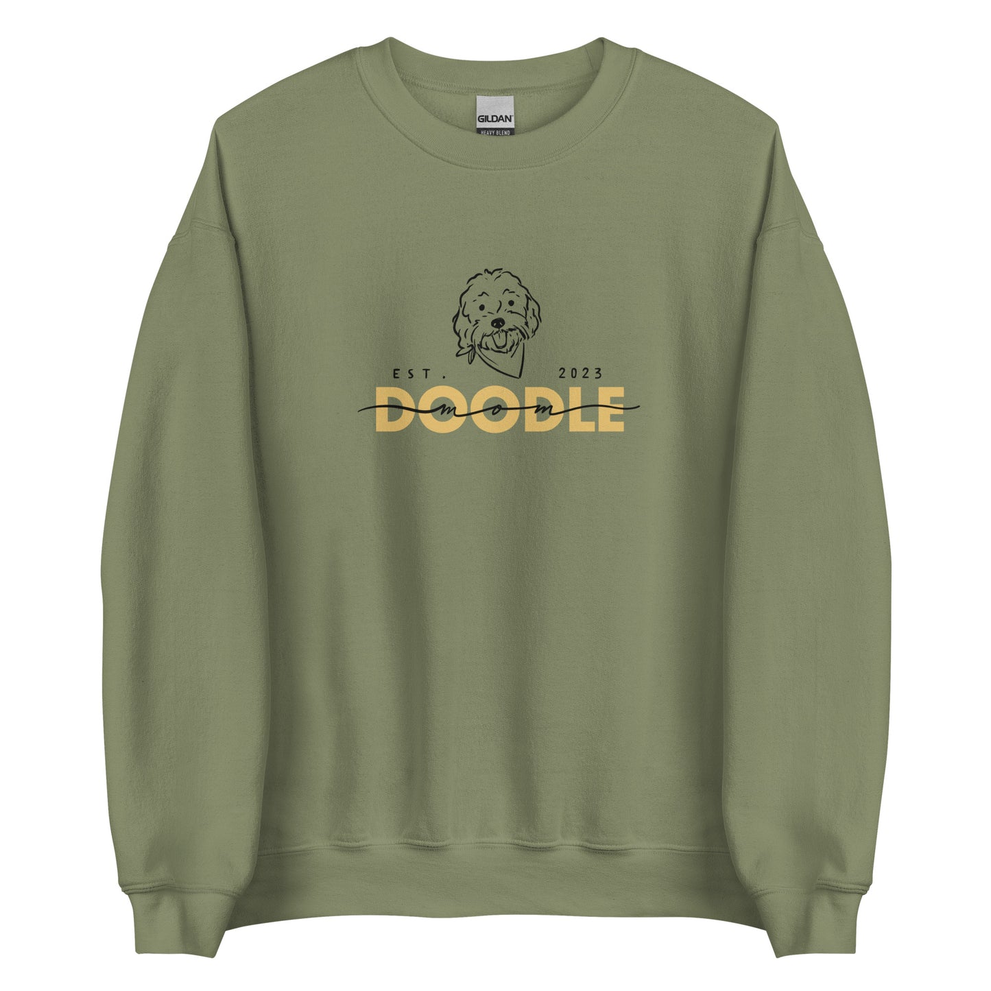 Goldendoodle Mom crew neck sweatshirt with Goldendoodle face and words "Doodle Mom Est 2023" in military green color