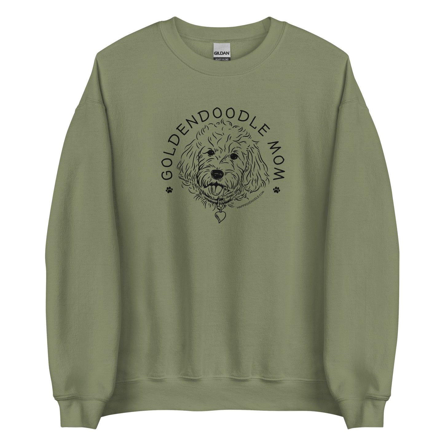 Goldendoodle crew neck sweatshirt with Goldendoodle face and words "Goldendoodle Mom" in military green color
