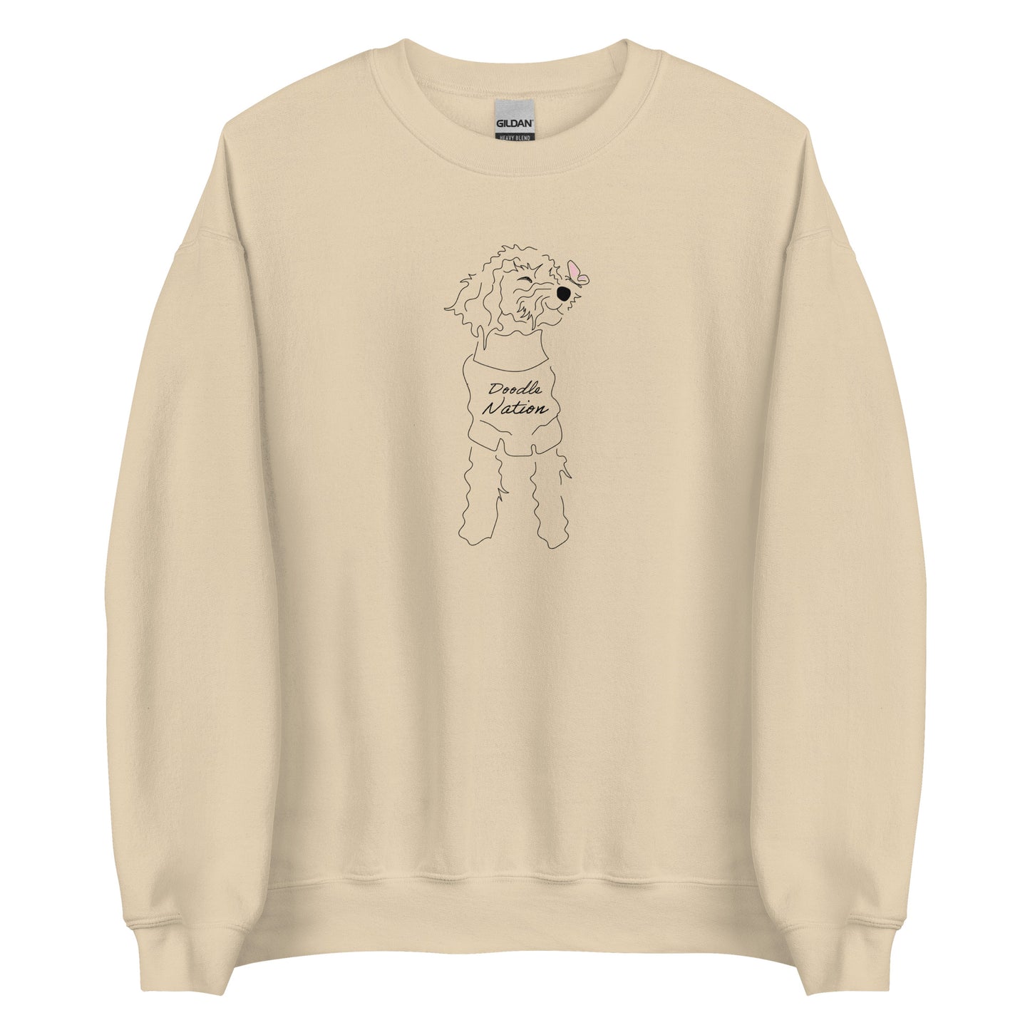 Goldendoodle crew neck sweatshirt with Goldendoodle dog face and words "Doodle Nation" in sand color