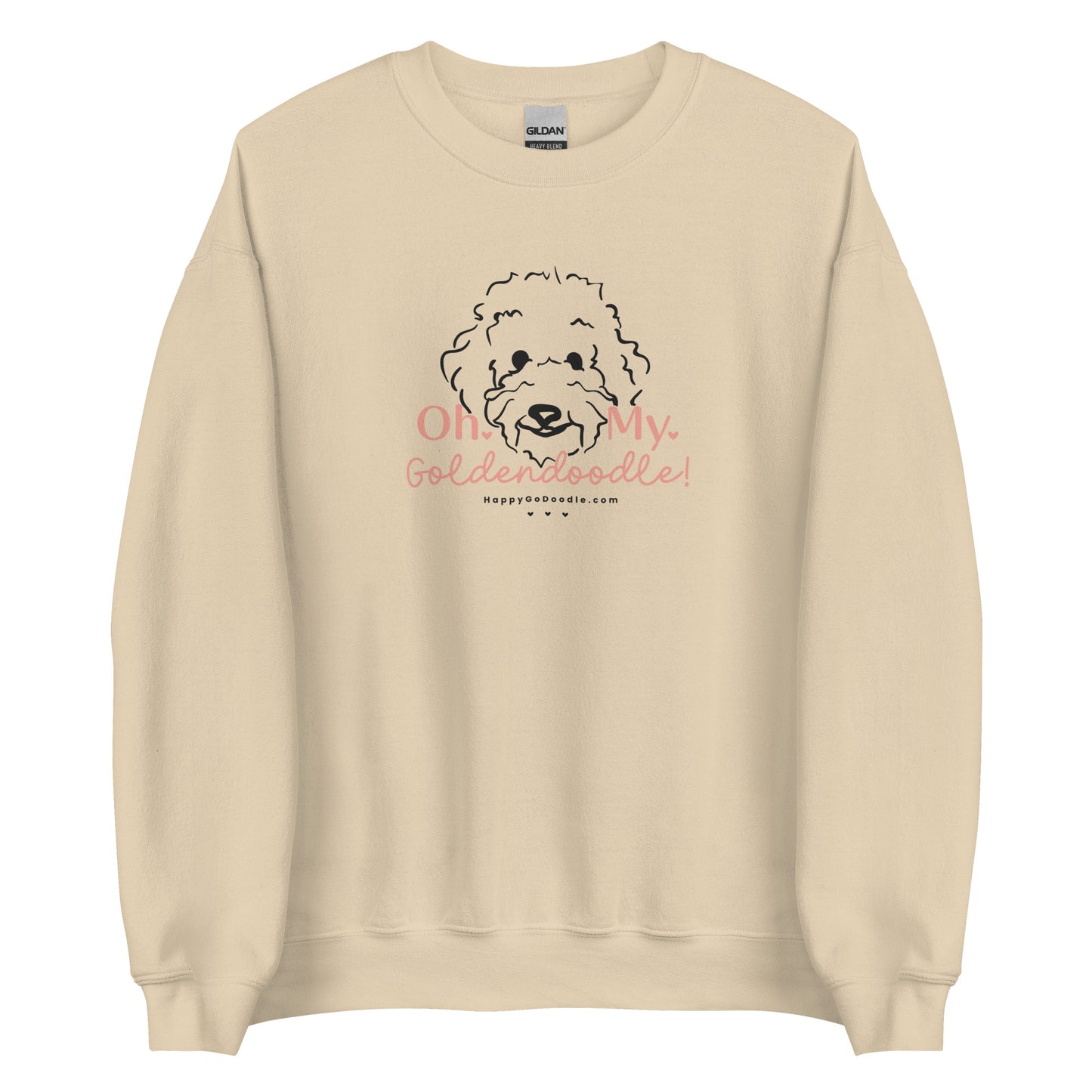 Goldendoodle crew neck sweatshirt with Goldendoodle face and words "Oh My Goldendoodle" in sand
