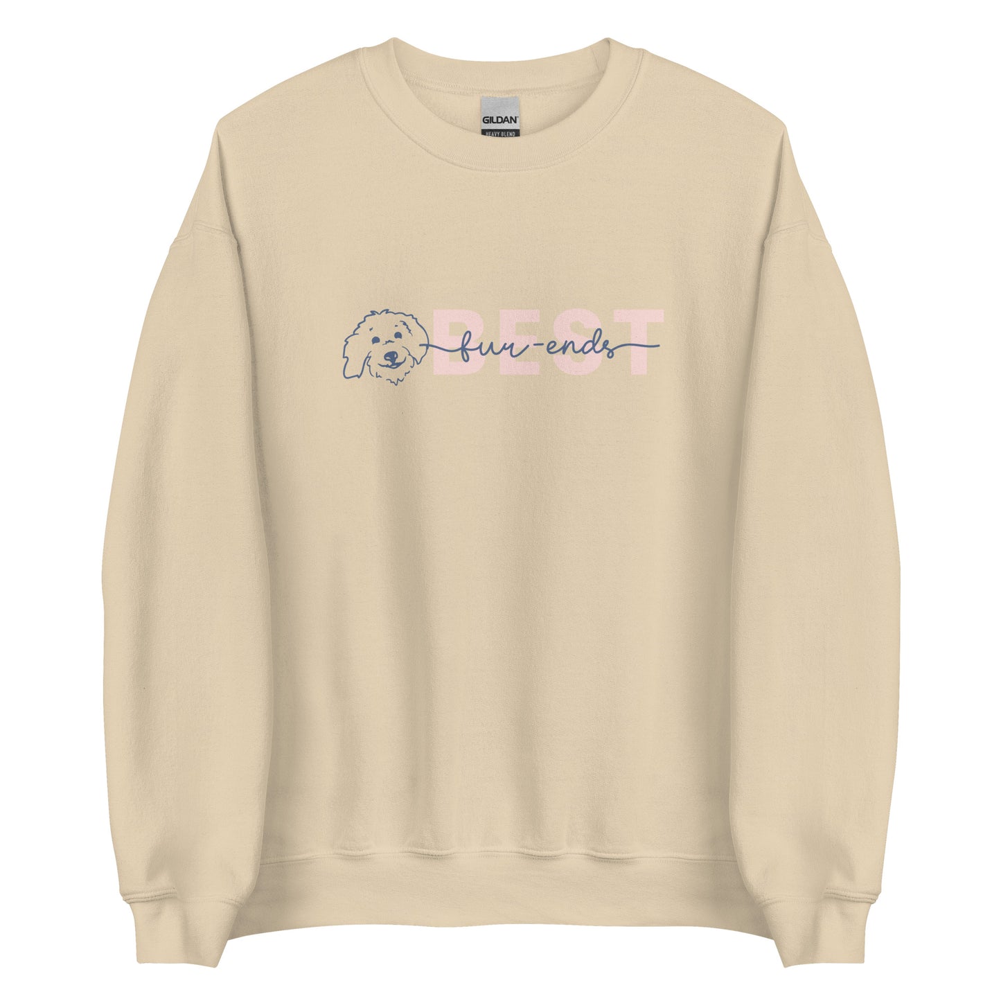 Goldendoodle crew neck sweatshirt with Goldendoodle face and words "Best fur-Ends" in sand color