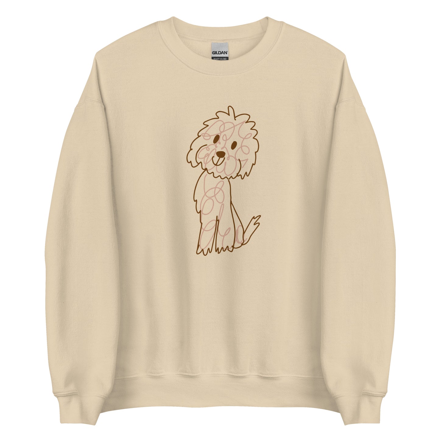 Crew Neck Sweatshirt with doodle dog drawn with fine lines sand color