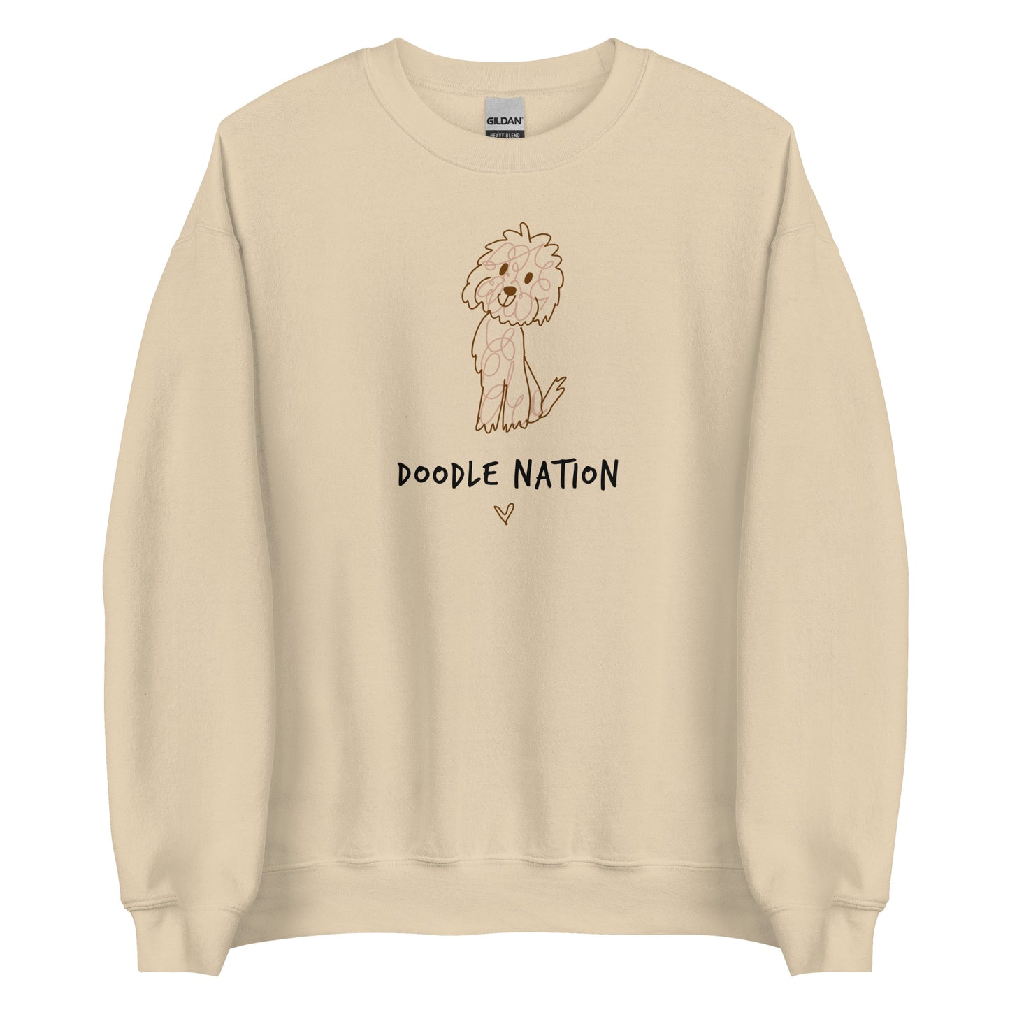 Sand crew neck sweatshirt with hand drawn dog design and saying Doodle Nation