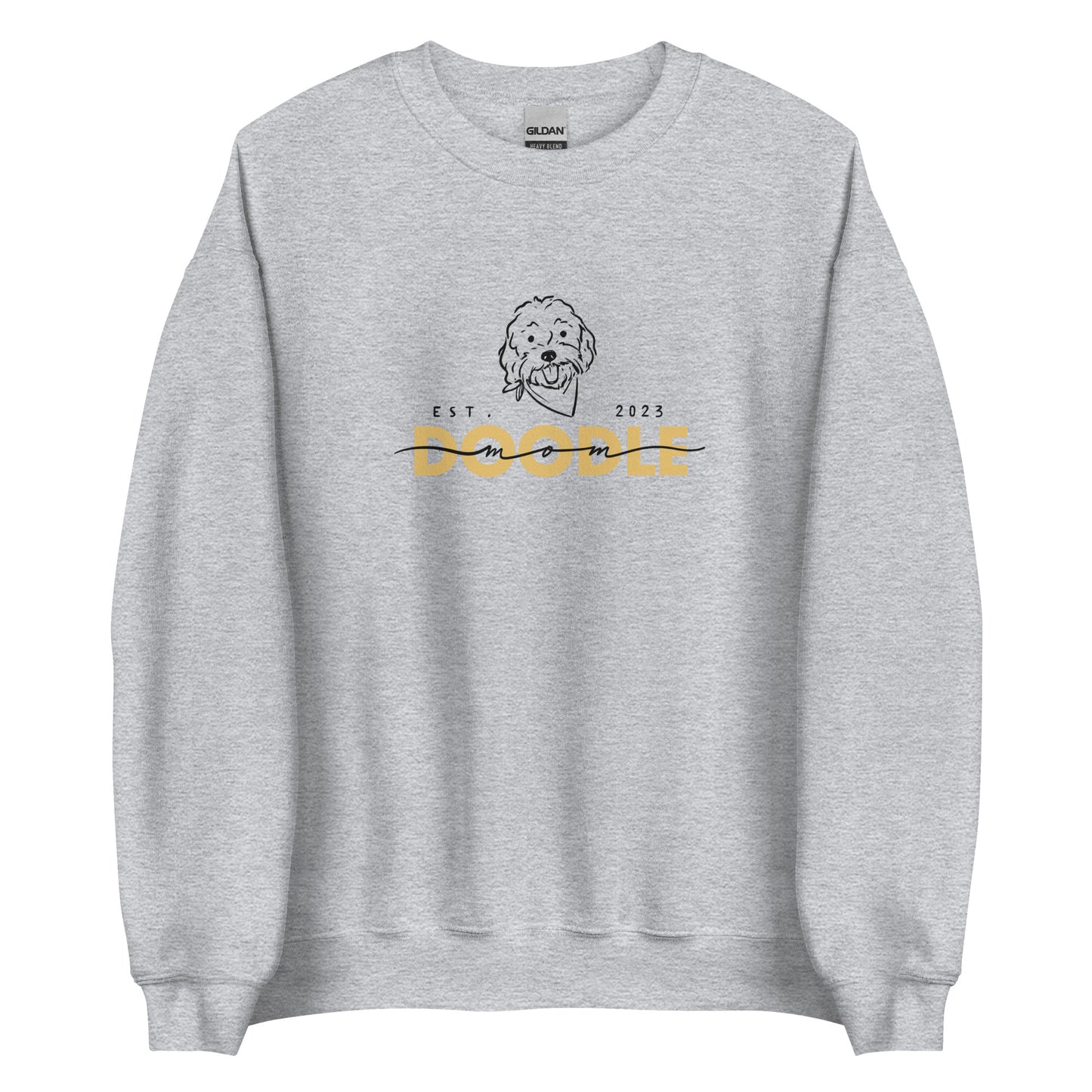 Goldendoodle Mom crew neck sweatshirt with Goldendoodle face and words "Doodle Mom Est 2023" in Sport gray color