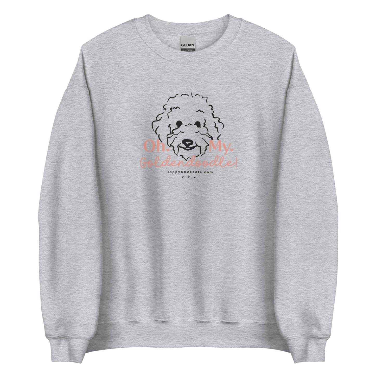 Goldendoodle crew neck sweatshirt with Goldendoodle face and words "Oh My Goldendoodle" in Gray