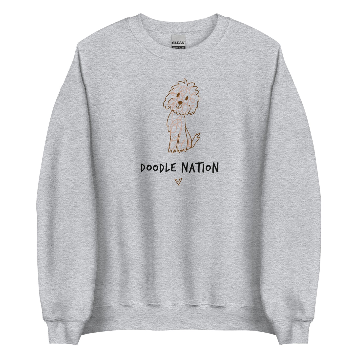 Grey crew neck sweatshirt with hand drawn dog design and saying Doodle Nation