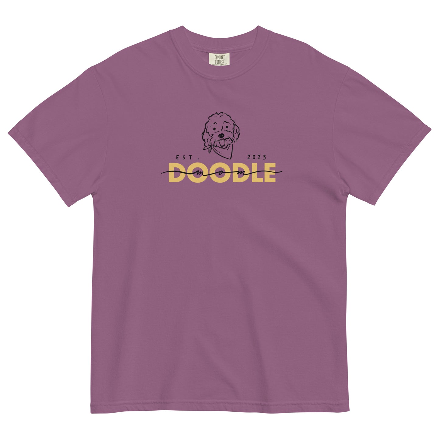Goldendoodle Mom comfort colors t-shirt with Goldendoodle face and words "Doodle Mom Est 2023" in berry color