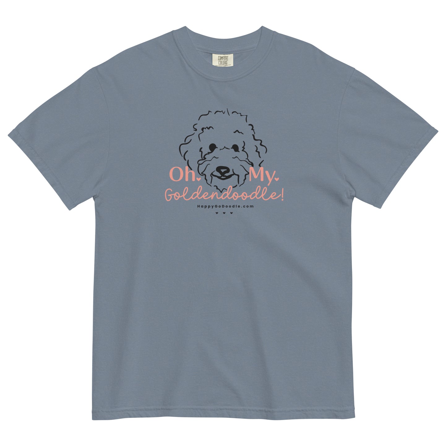 Goldendoodle comfort colors t-shirt with Goldendoodle dog face and words "Oh My Goldendoodle" in blue jean color