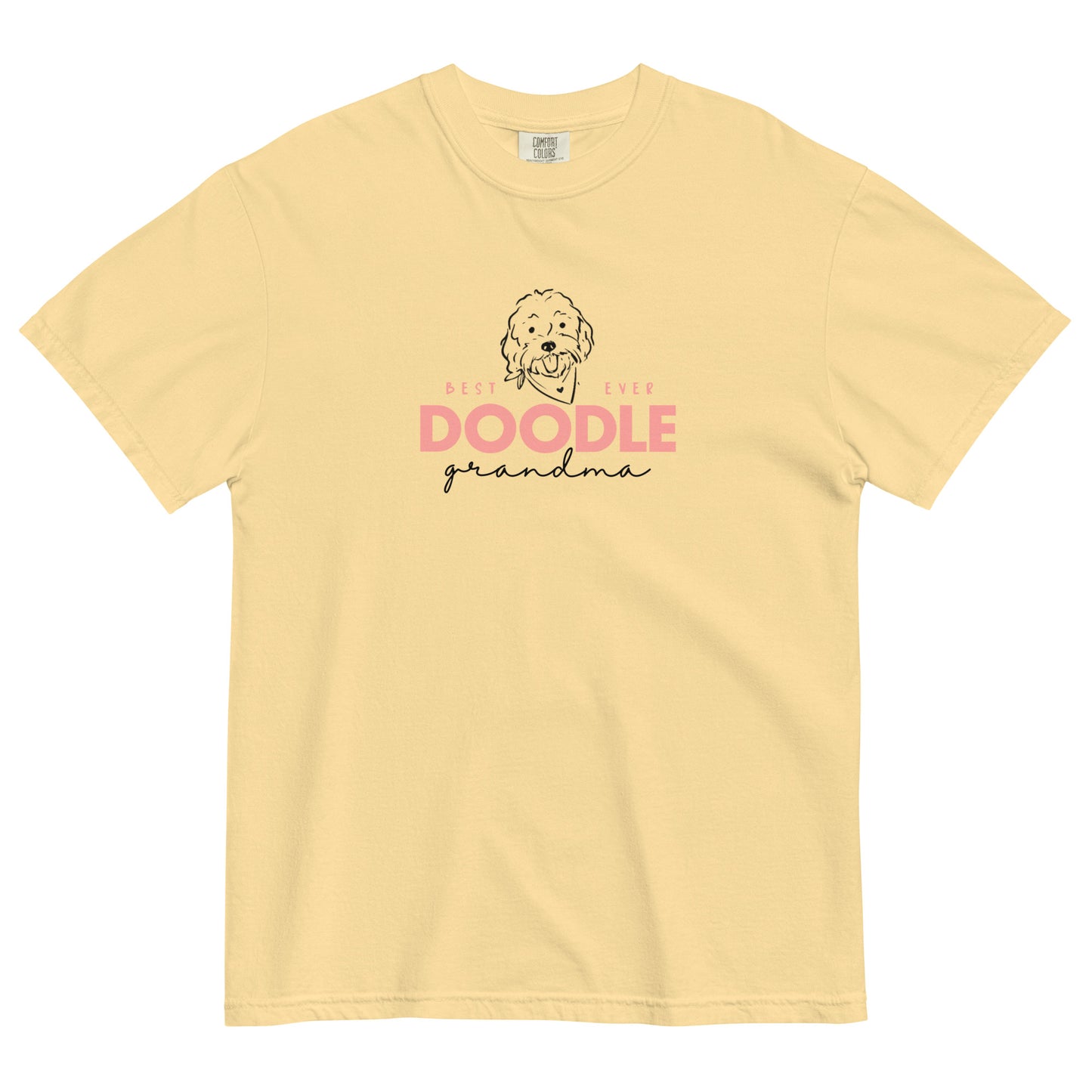 This Goldendoodle Grandma T-shirt features the message, "Best EVER DOODLE Grandma" and is printed in soft pink and black colors with a cute Doodle dog's face printed on the front of a cozy T-Shirt that's Butter colored. The tag inside the Goldendoodle Grandma T-shirt says Comfort Colors