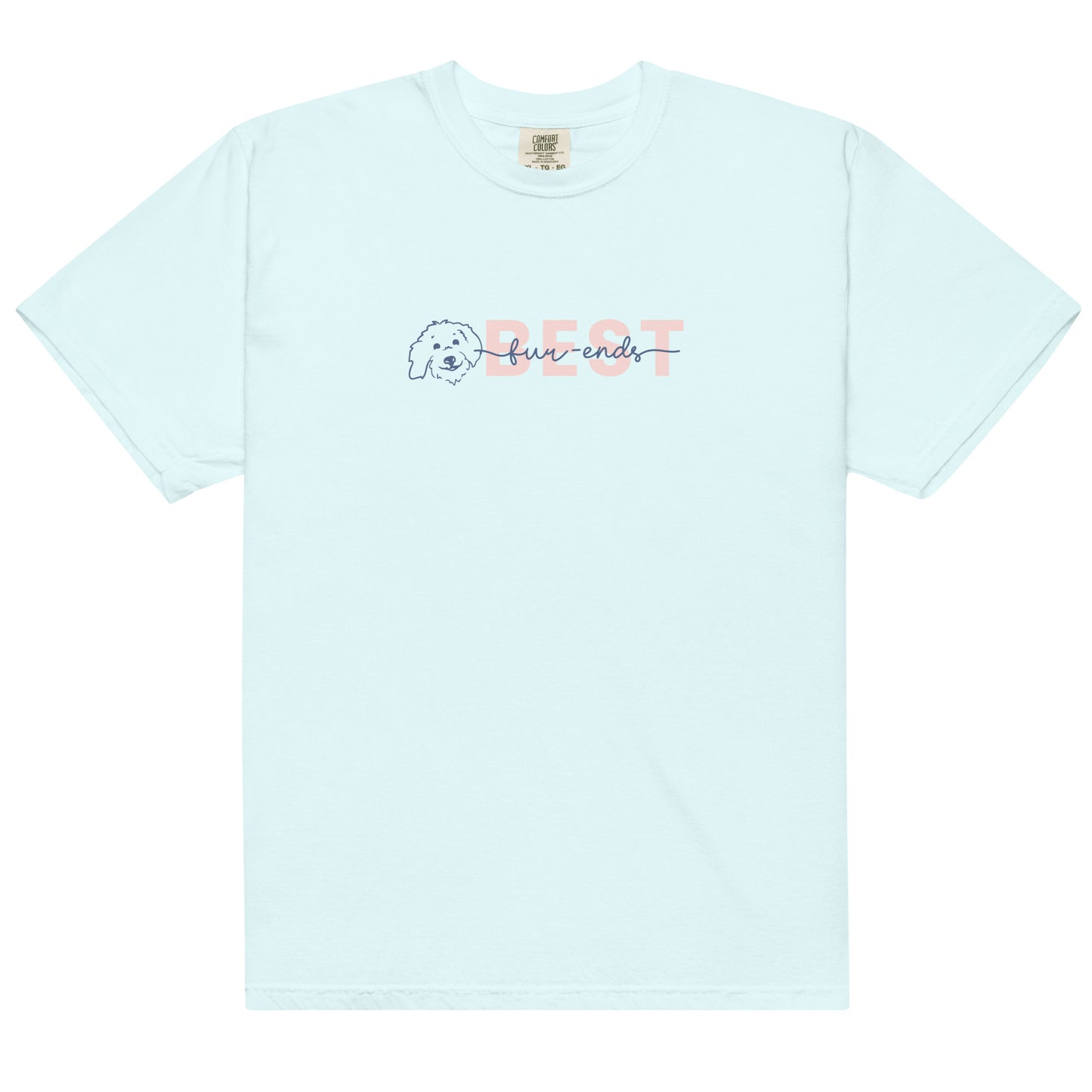 Goldendoodle t-shirt comfort colors with Goldendoodle face and words "Best fur-Ends" in chambray color