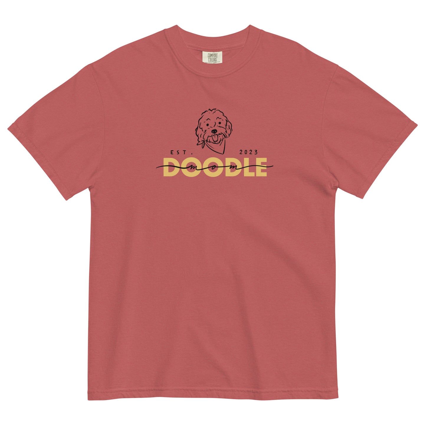 Goldendoodle Mom comfort colors t-shirt with Goldendoodle face and words "Doodle Mom Est 2023" in crimson color