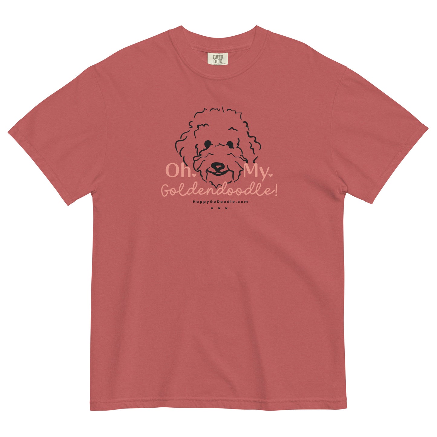 Goldendoodle comfort colors t-shirt with Goldendoodle dog face and words "Oh My Goldendoodle" in crimson color