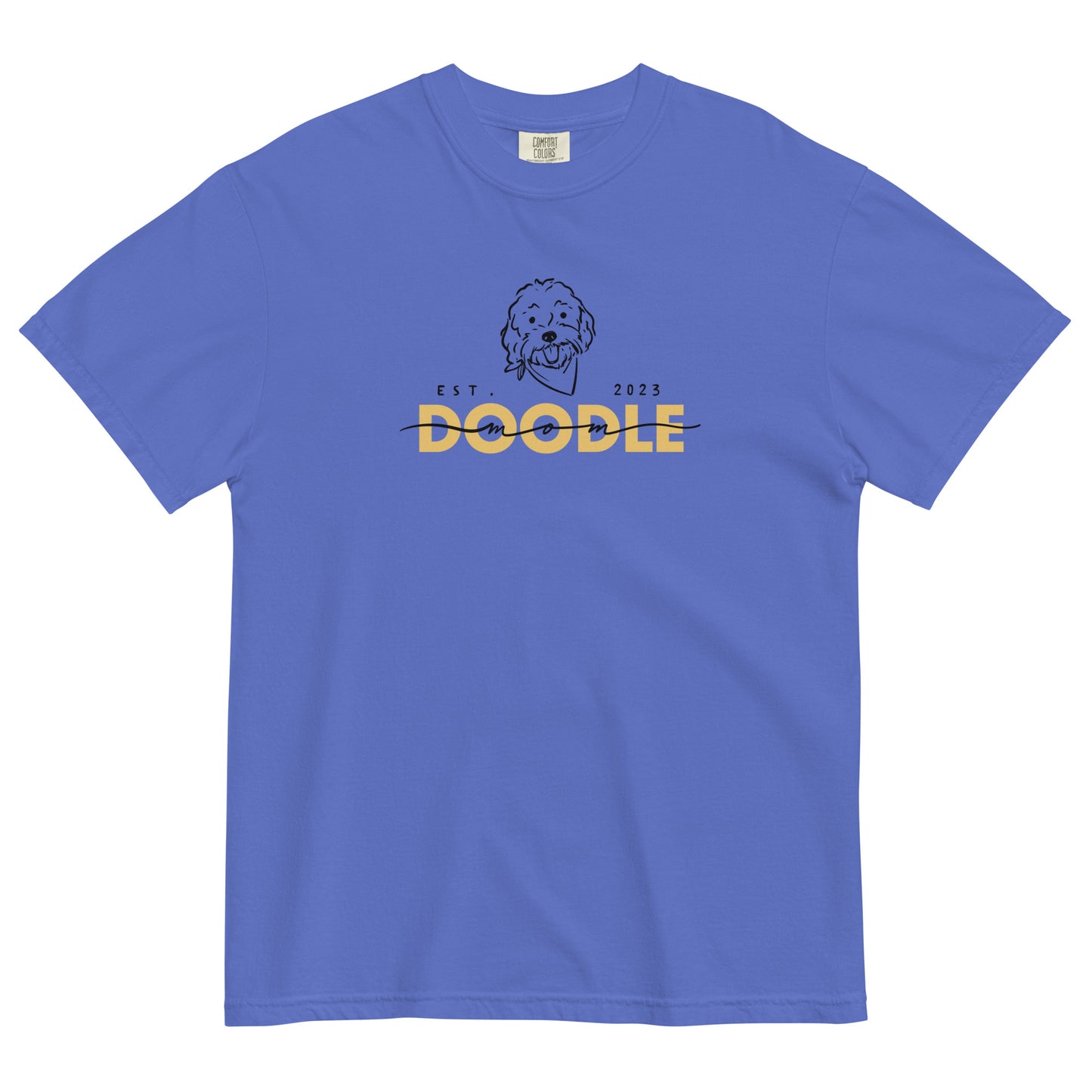 Goldendoodle Mom comfort colors t-shirt with Goldendoodle face and words "Doodle Mom Est 2023" in flo blue color